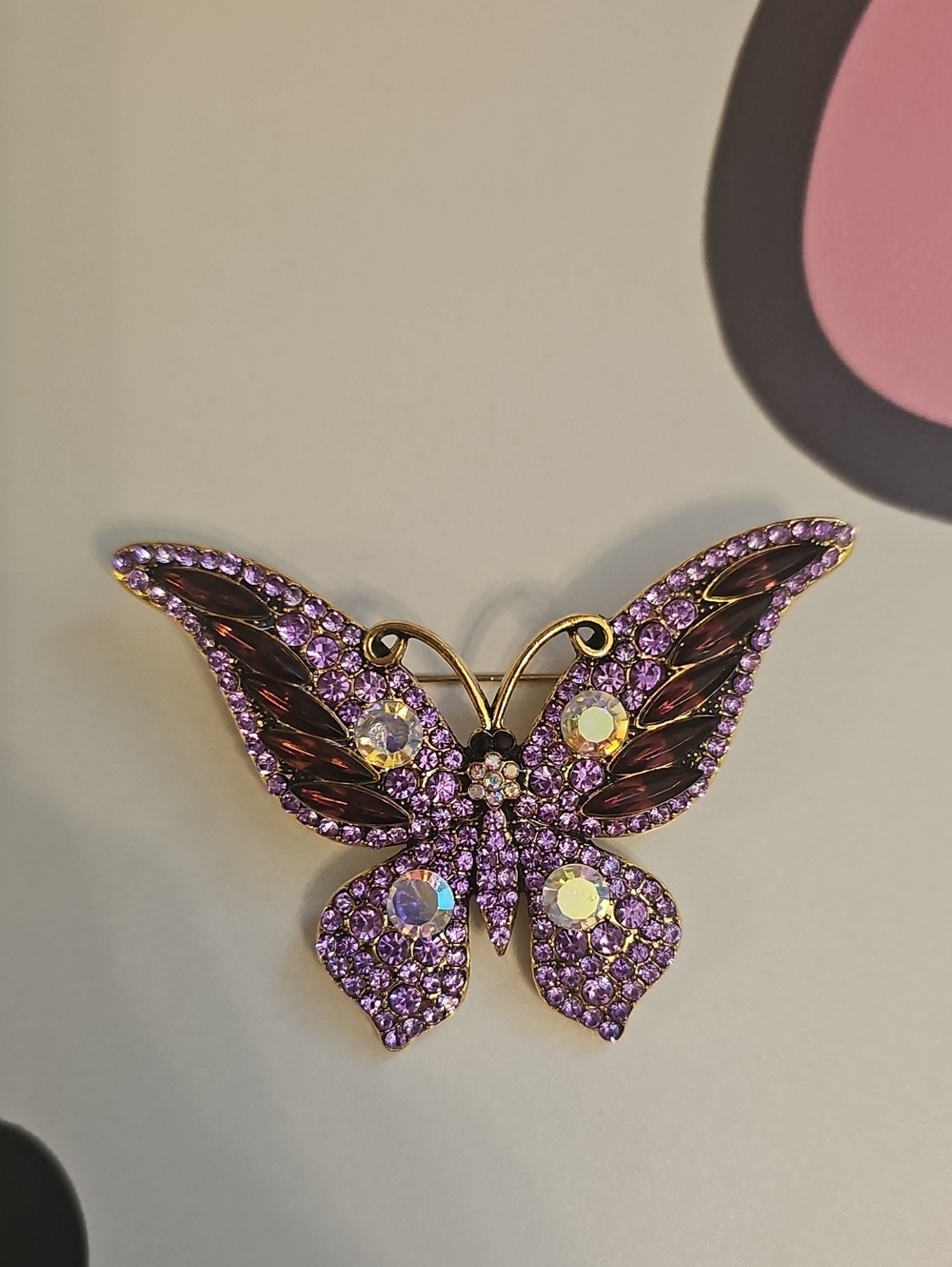 Beautiful Butterfly Brooch Purple Rhinestones Gold Tone Metal